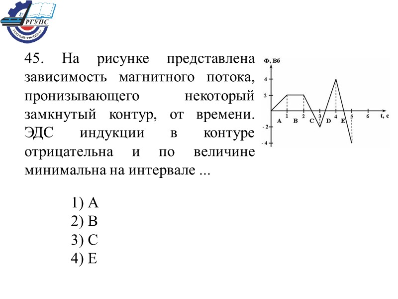45. На рисунке представлена зависимость магнитного потока, пронизывающего некоторый замкнутый контур, от времени. ЭДС